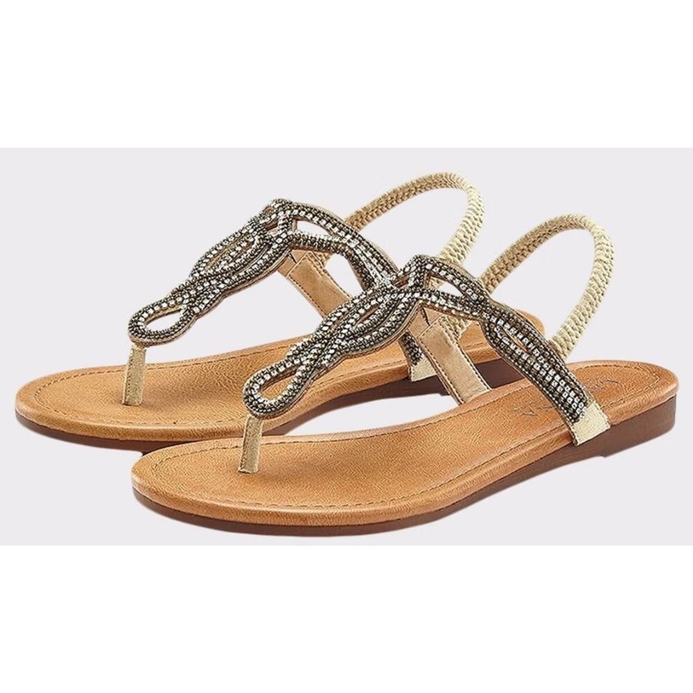 New LASCANA Embellished Beaded Sandals Natural Women's Open Toe Summer Size 7